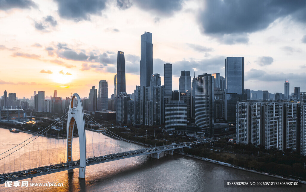 城市河畔黄昏天际线景观