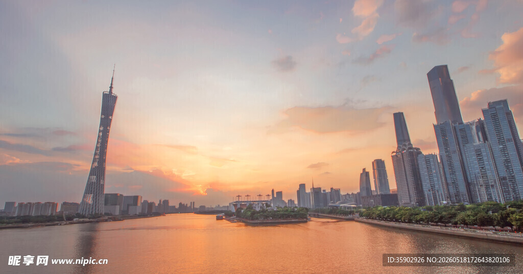 广州城市日落天际线美景