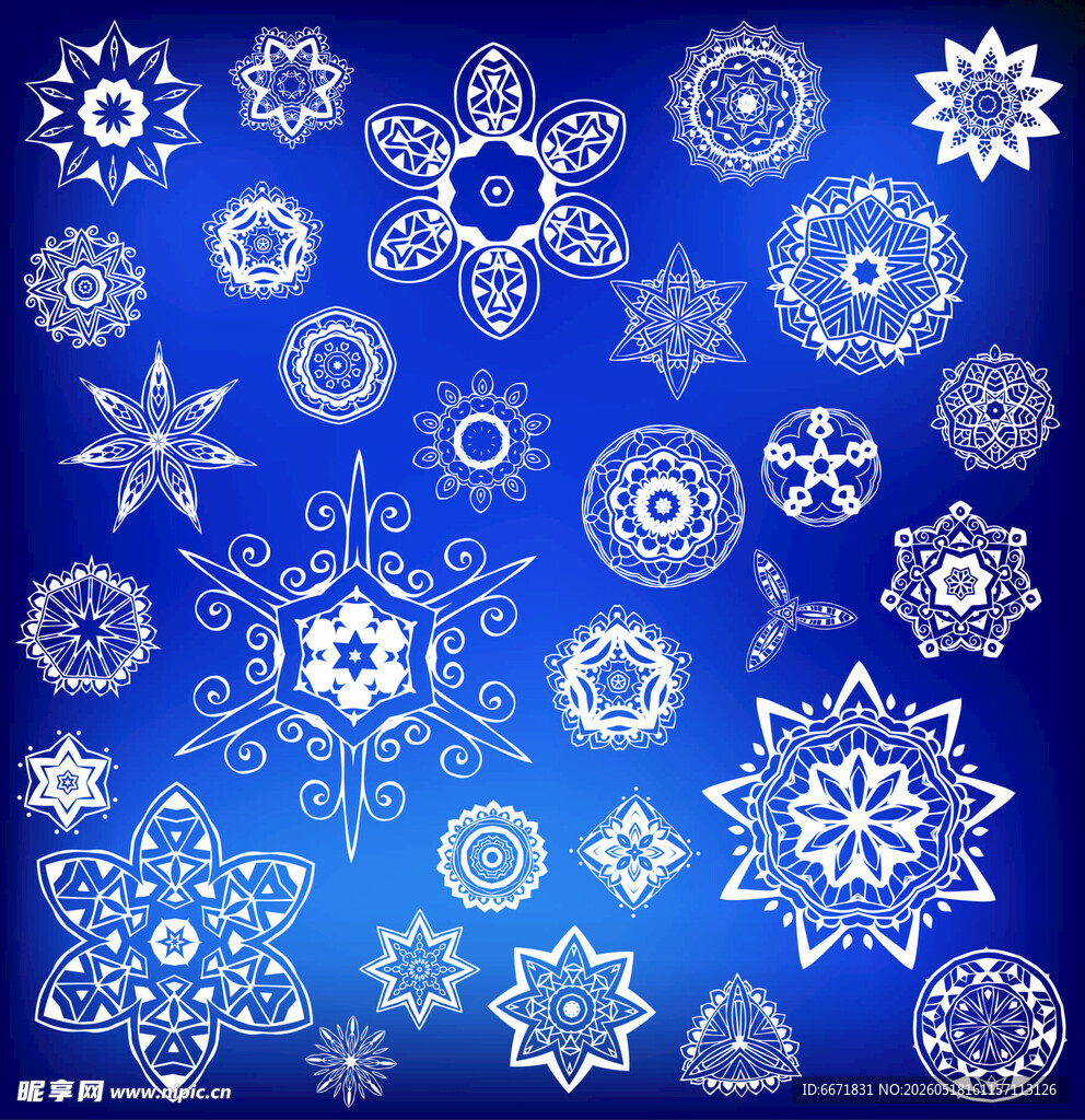 蓝色背景上的多样雪花图案