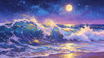 月夜下的汹涌海浪插画图片