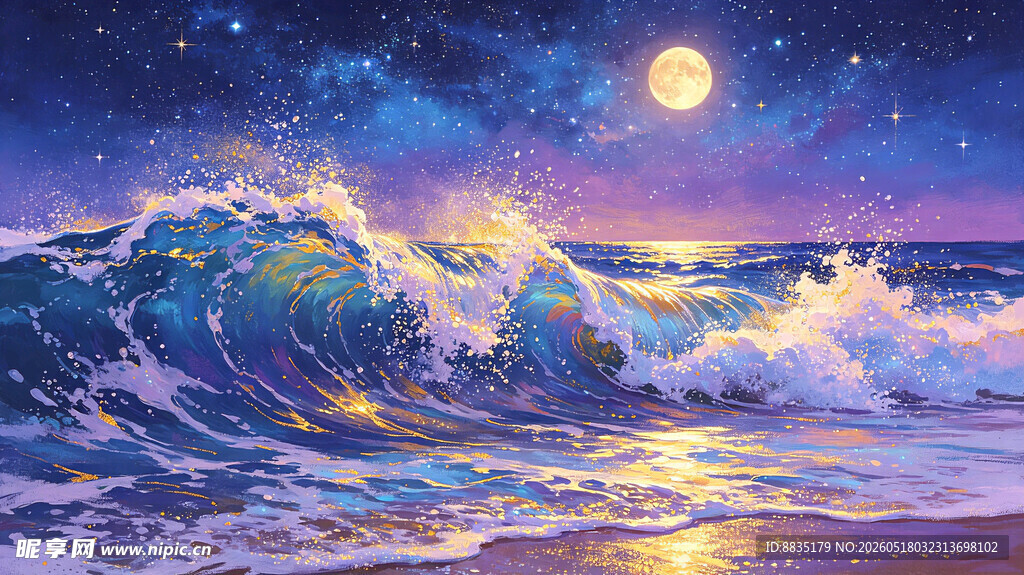 月夜下的汹涌海浪插画图片