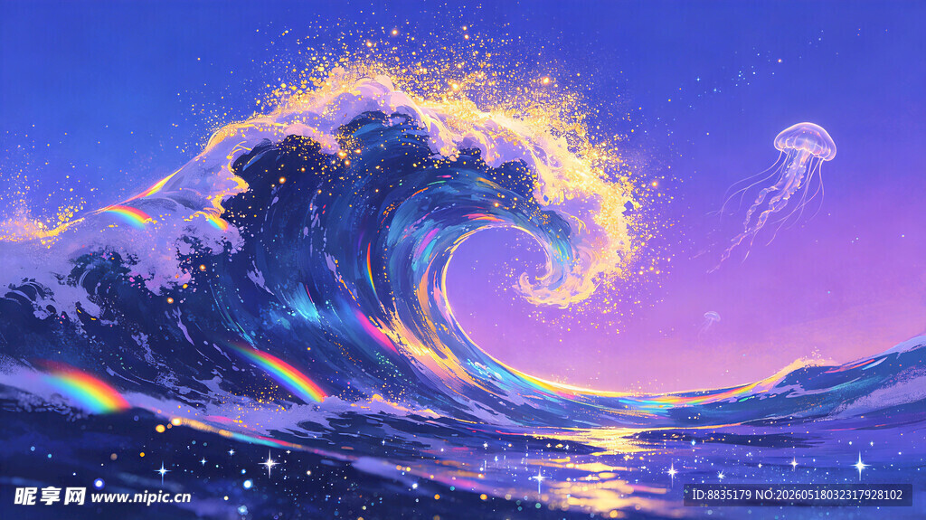 梦幻海浪星空奇幻景象插画图片