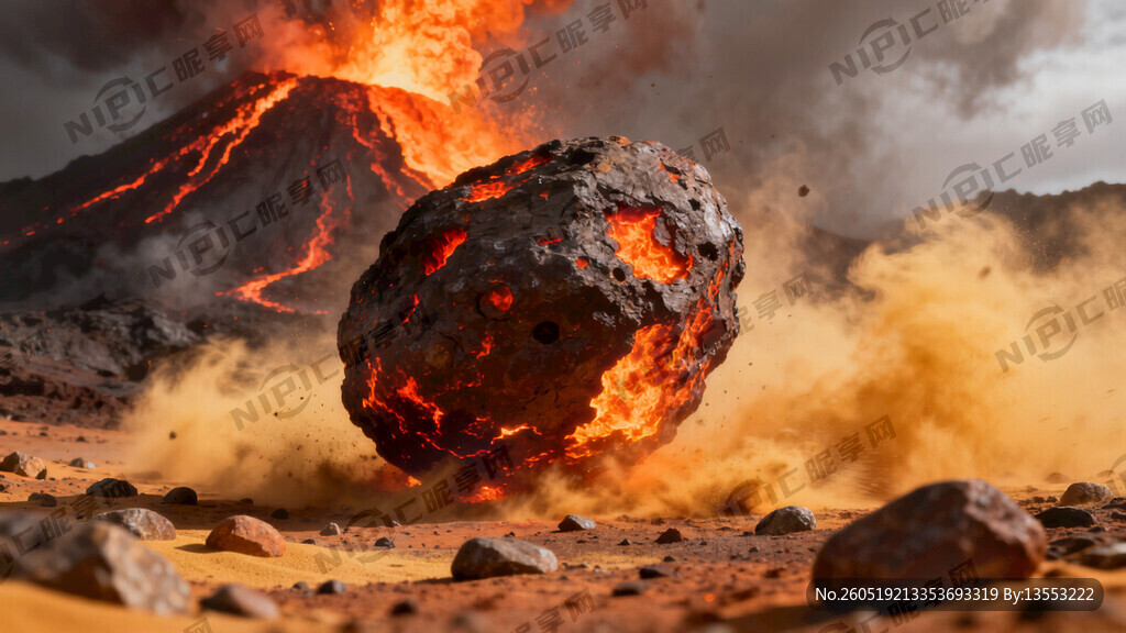 陨石坠落地面 有火山 黄沙