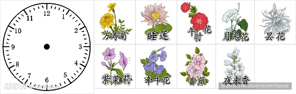花卉钟表图案板书示意图