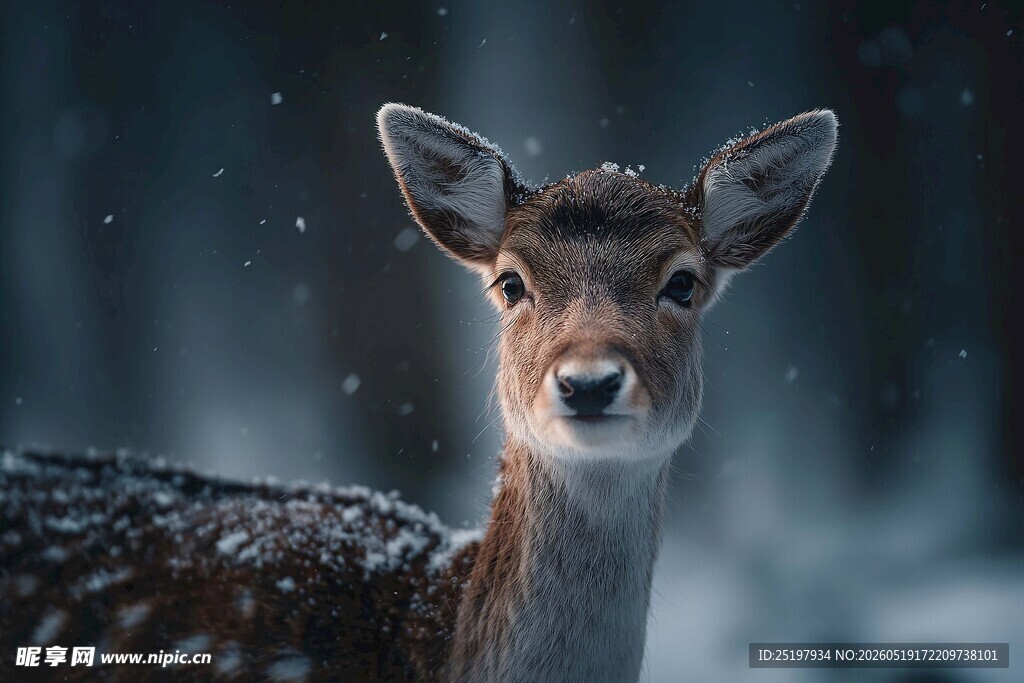 雪地中的萌态小鹿