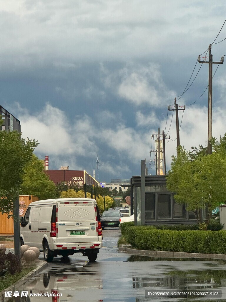 雨后街道上的白色车辆