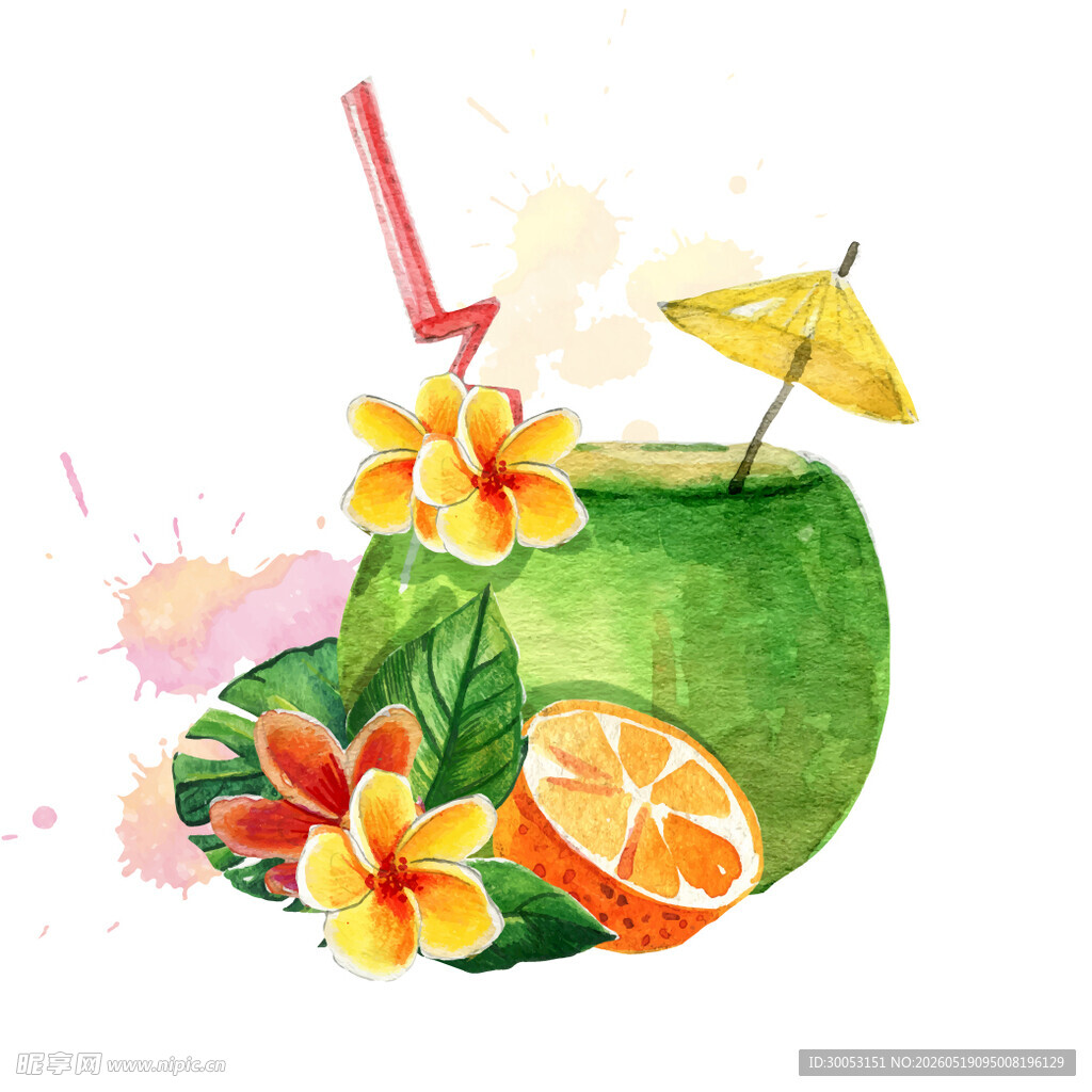 水彩绘青柠水果鸡尾酒