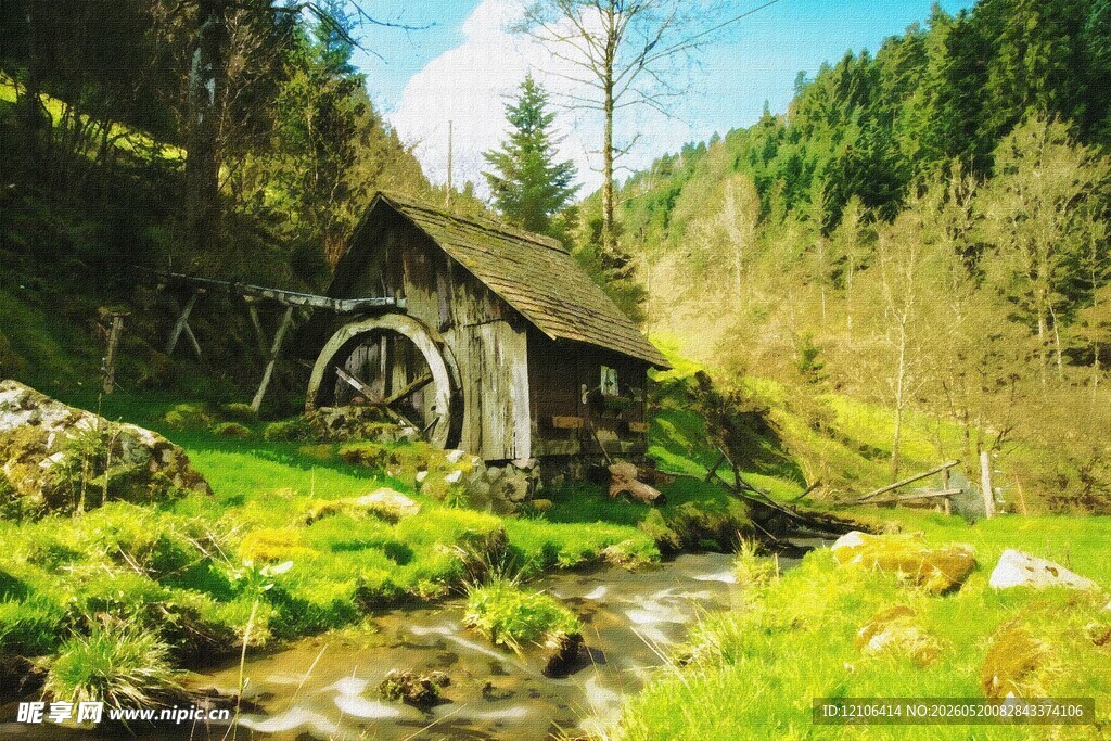 山间古朴水车小屋美景