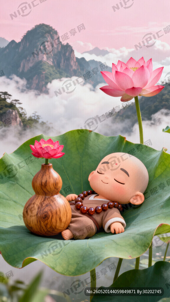 可愛小和尚带着佛珠眼睛闭着表情