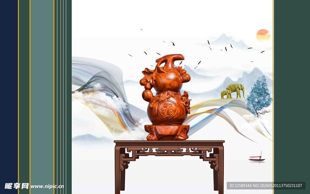 中式木雕摆件于雅致桌台