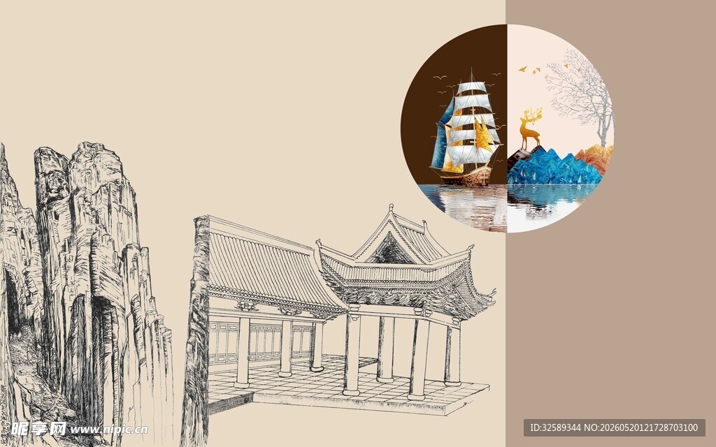 中式山水建筑风景插画