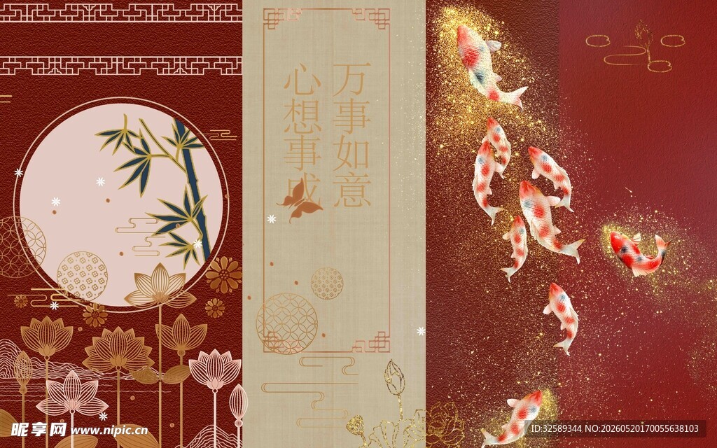 中式古风月夜花鸟图景