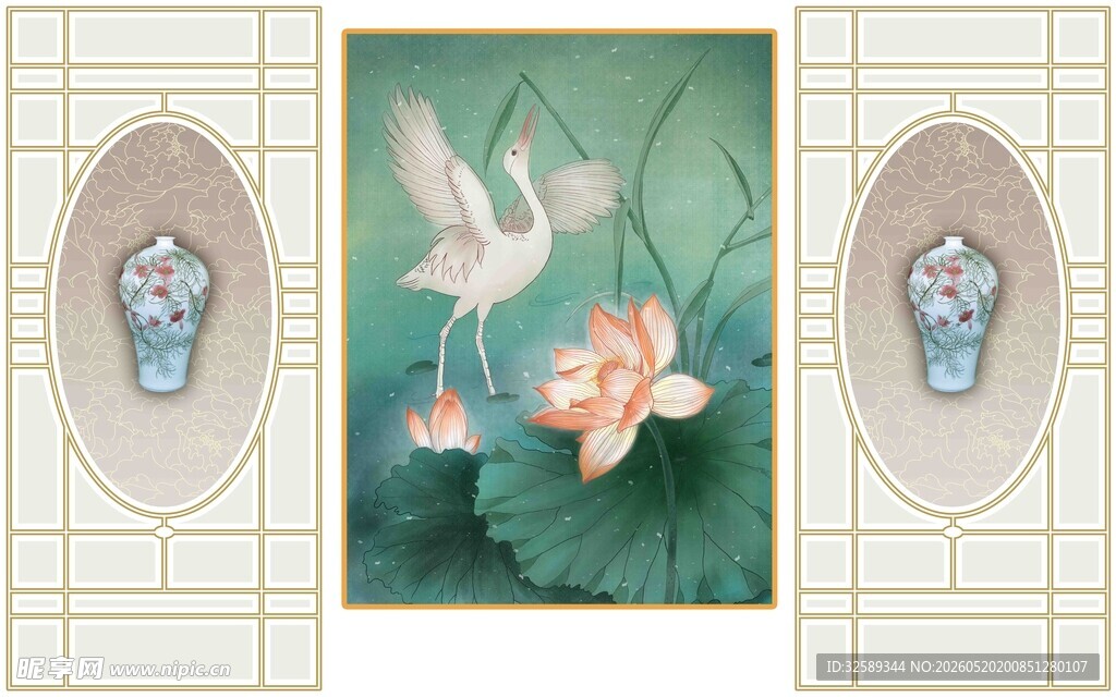 中式荷花瓷瓶装饰画