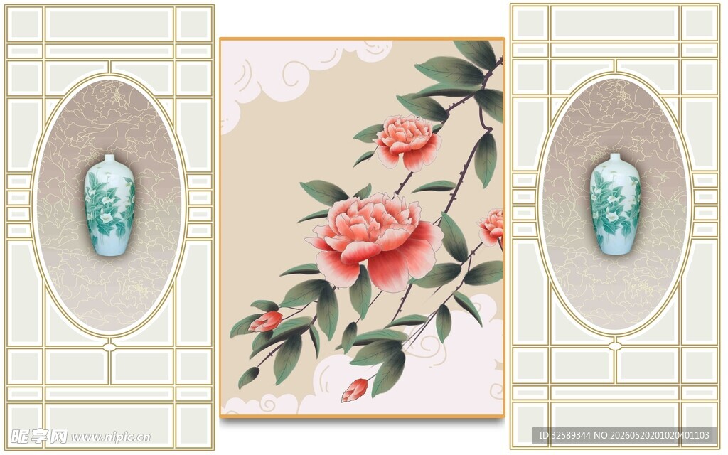 中式花卉与瓷器装饰画