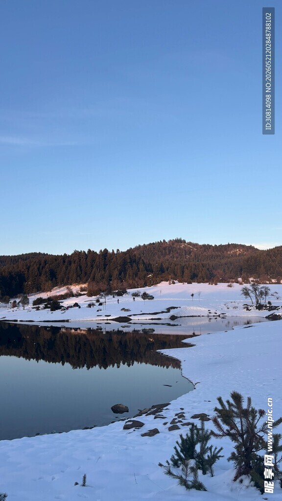 冬日雪覆湖畔美景