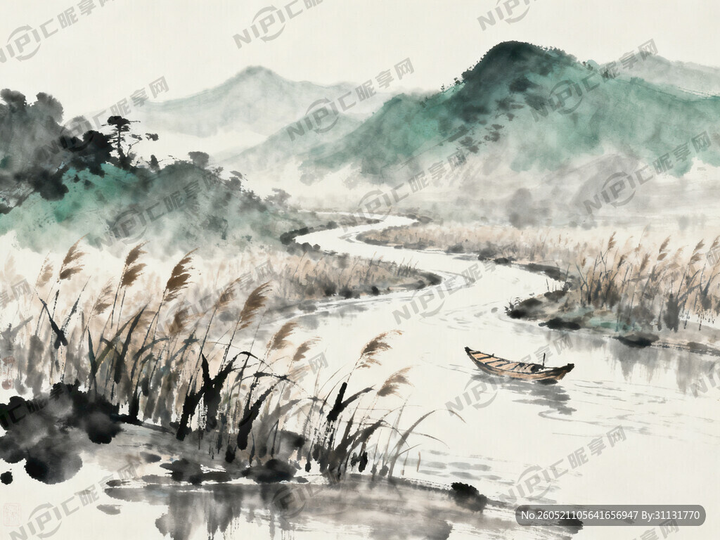 写意山水画 国画 水墨 河流
