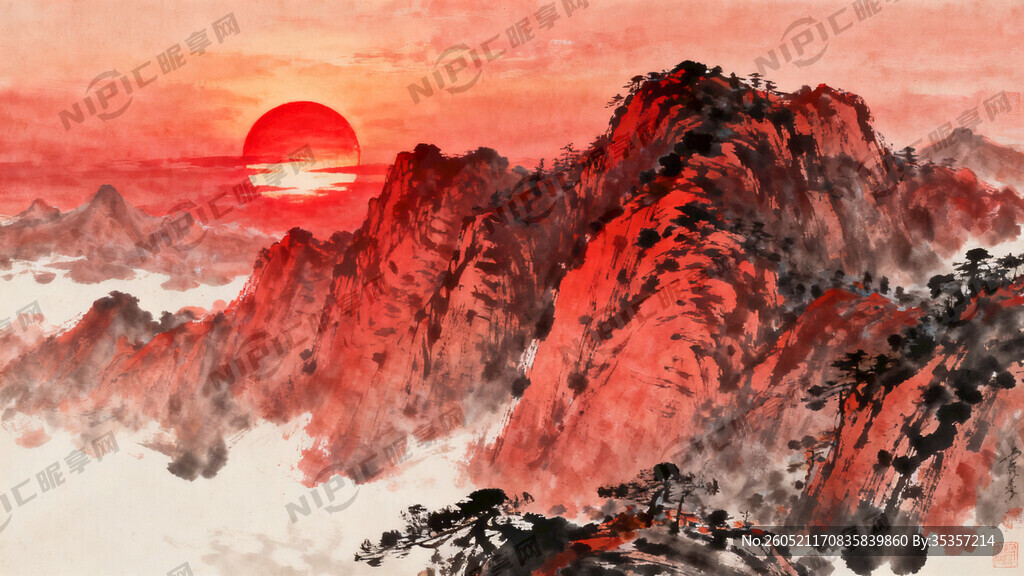 旭日东升山水画 山要雄壮 