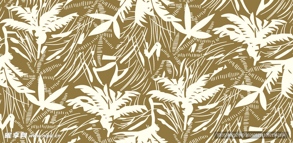 棕底白色植物图案