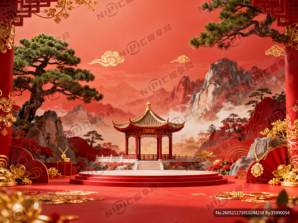 帮我生成一张中国风 远处有松