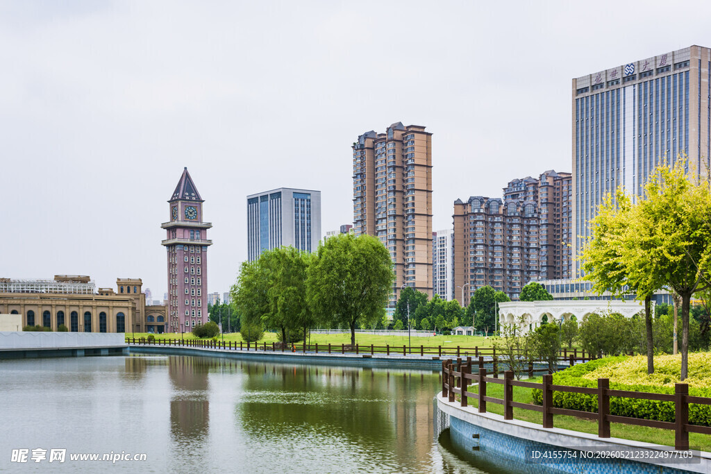 城市湖畔风光美景