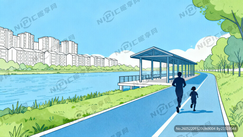 滨河边上 绿道 长廊  蓝天