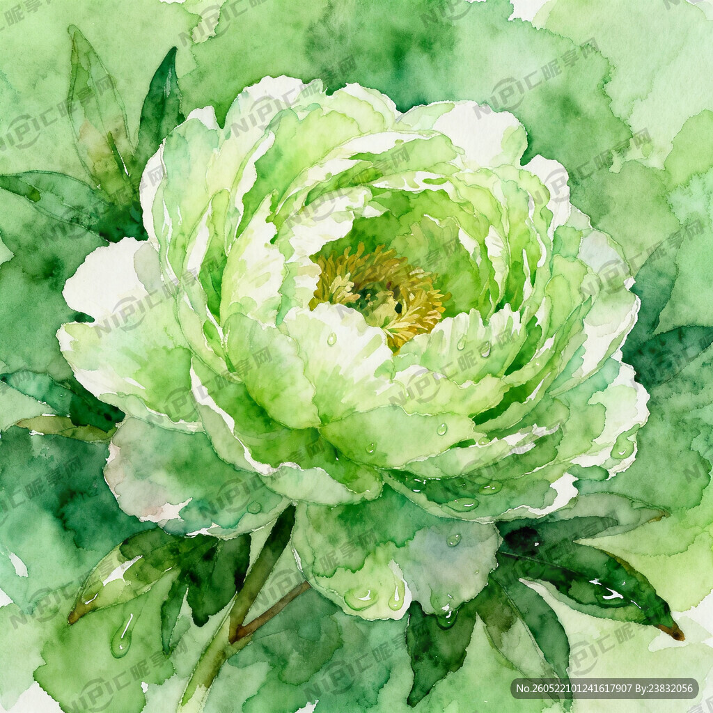 牡丹水彩画 满铺底纹 整体绿色