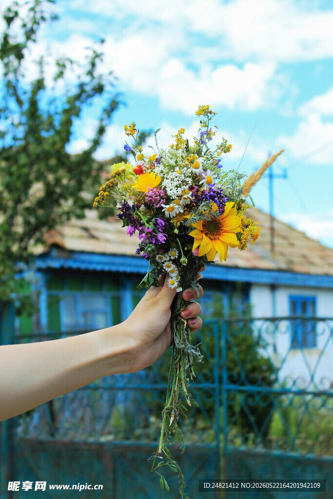 手捧多彩鲜花于屋前