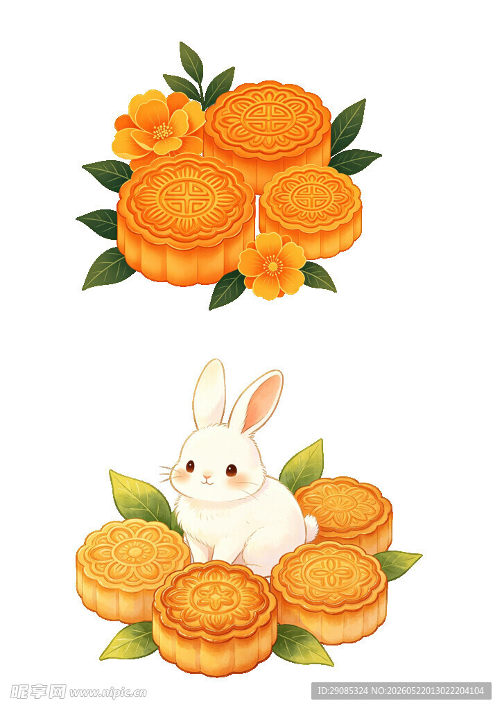 橙花白兔与糕点的温馨画面