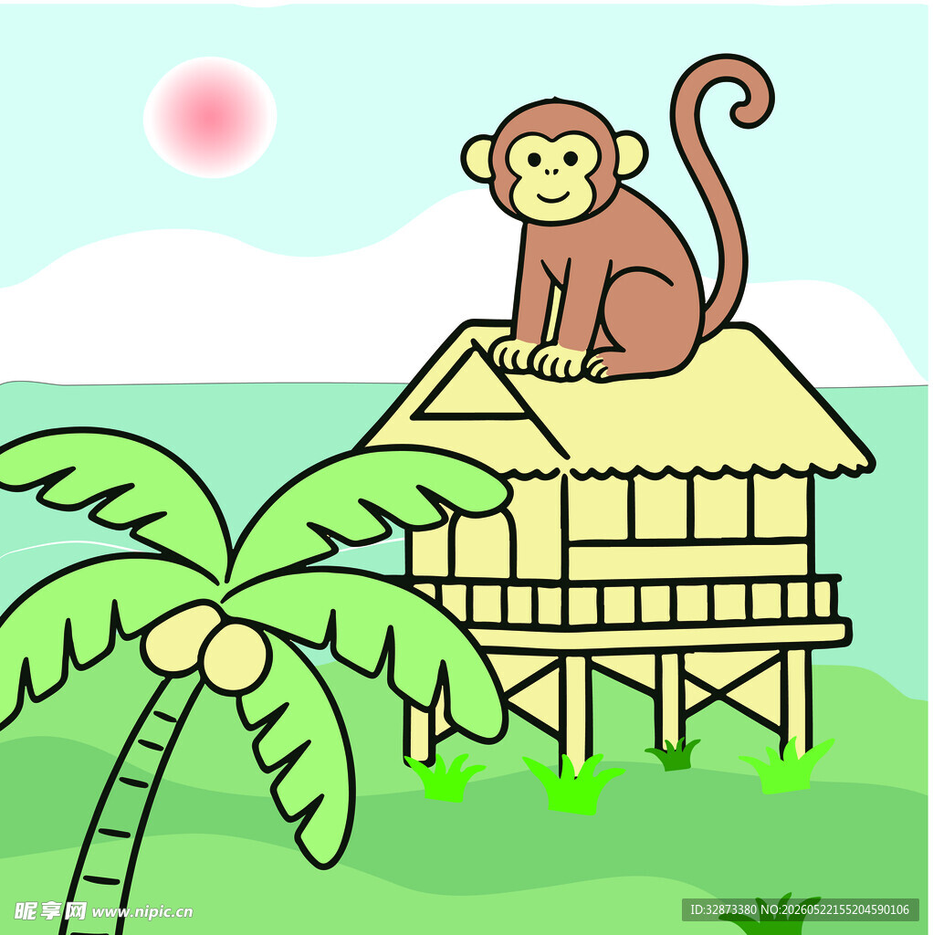 猴子在热带小屋屋顶