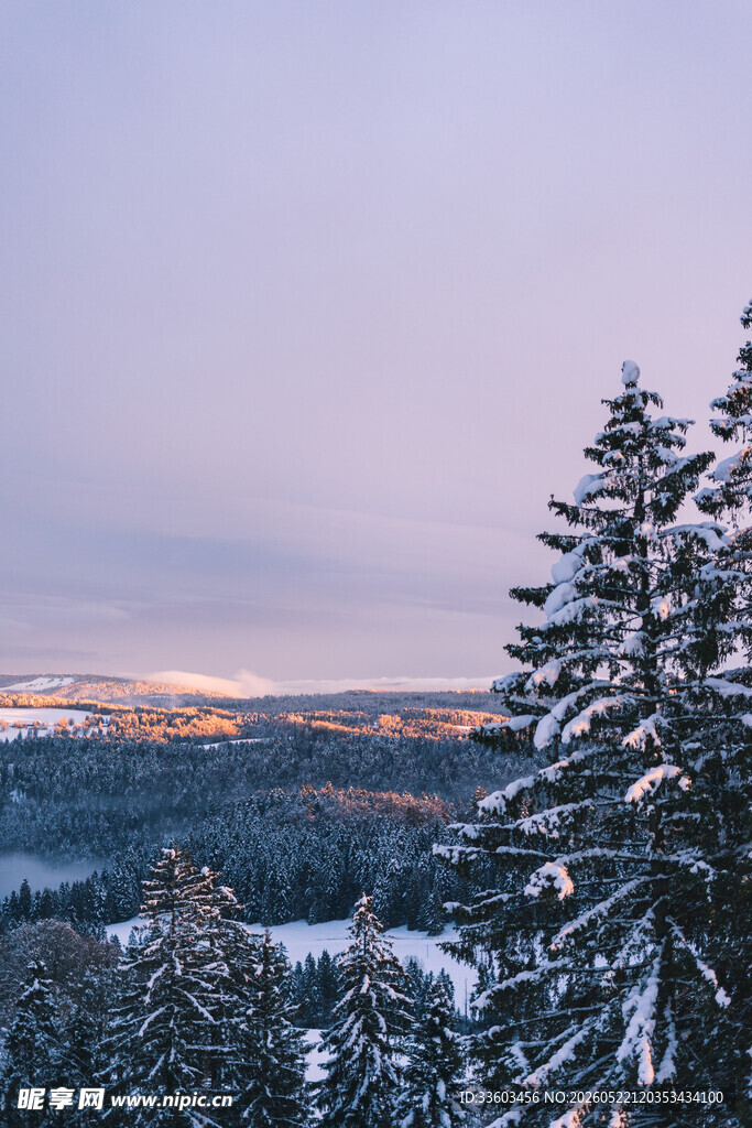 雪覆山林间的城市远景