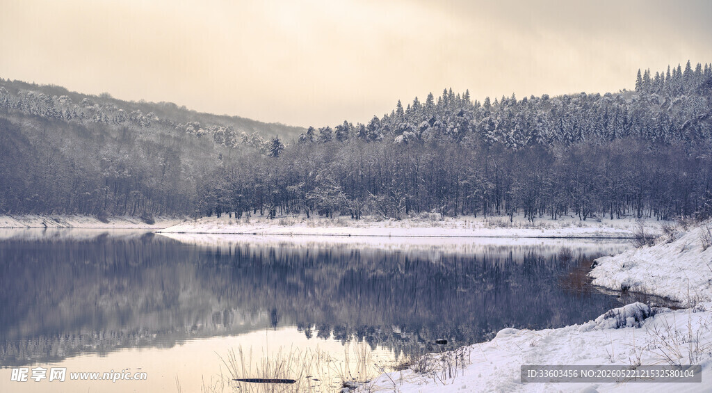 冬日静谧湖景山林覆雪