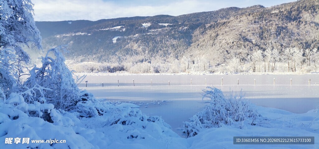 冬日雪景中的静谧湖岸风光
