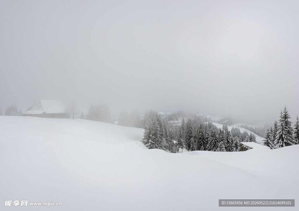 雪覆山林的冬日美景
