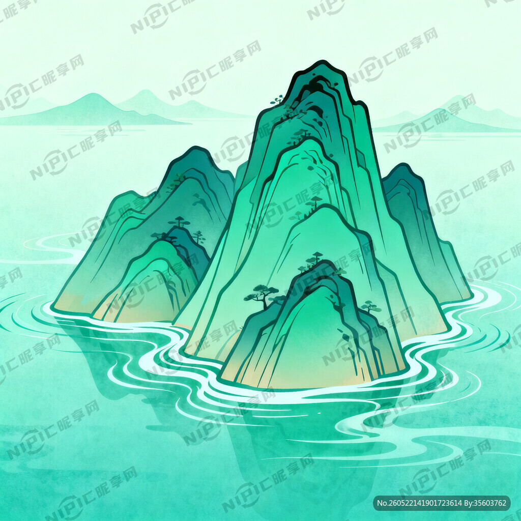 国潮风的青山绿水扁平插画