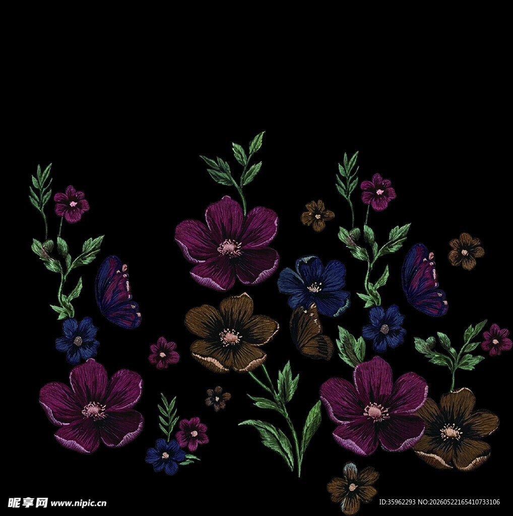紫色花卉刺绣图案