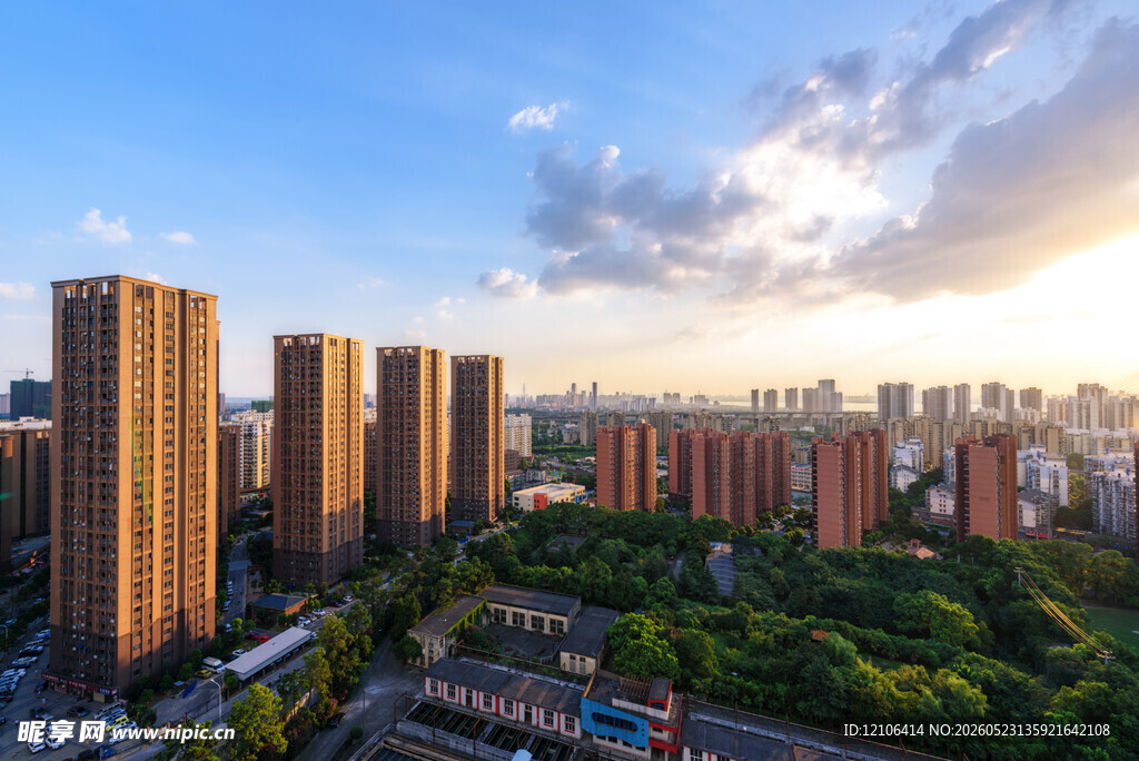 城市高楼与绿树相映成景