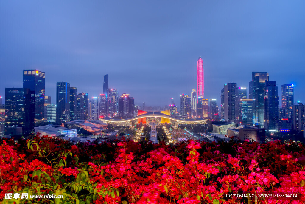 繁花映衬下的城市璀璨夜景