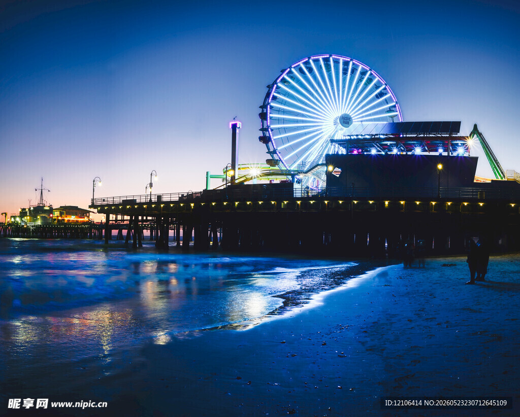夜幕下的摩天轮海滨美景