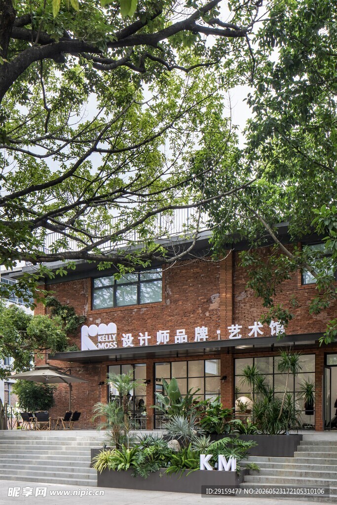 红砖建筑前的繁茂绿树