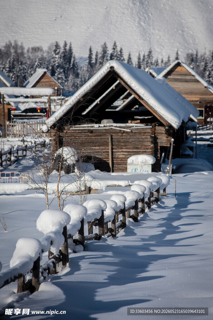 冬日雪覆木屋田园美景