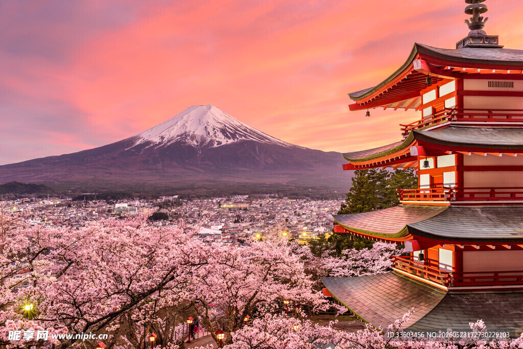 富士山下樱花与古建美景