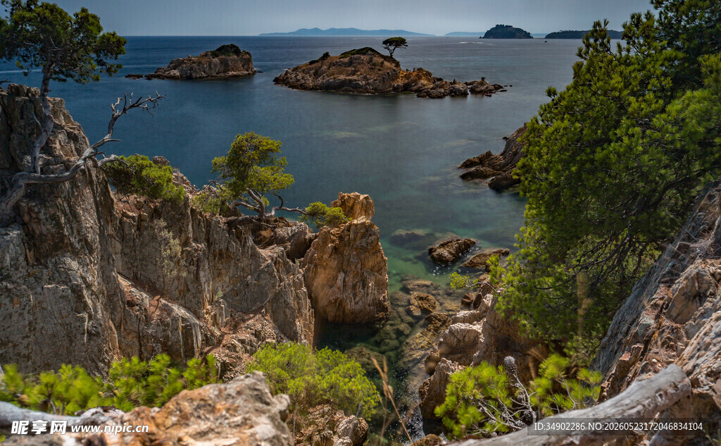 海岸边嶙峋岩石与葱郁植被
