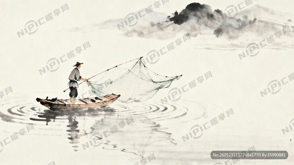 水墨长卷渔民在湖上捕鱼