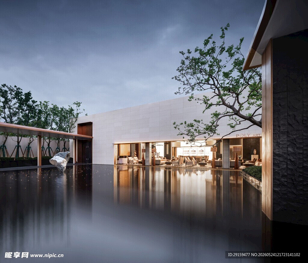 静谧水边建筑夜景风光