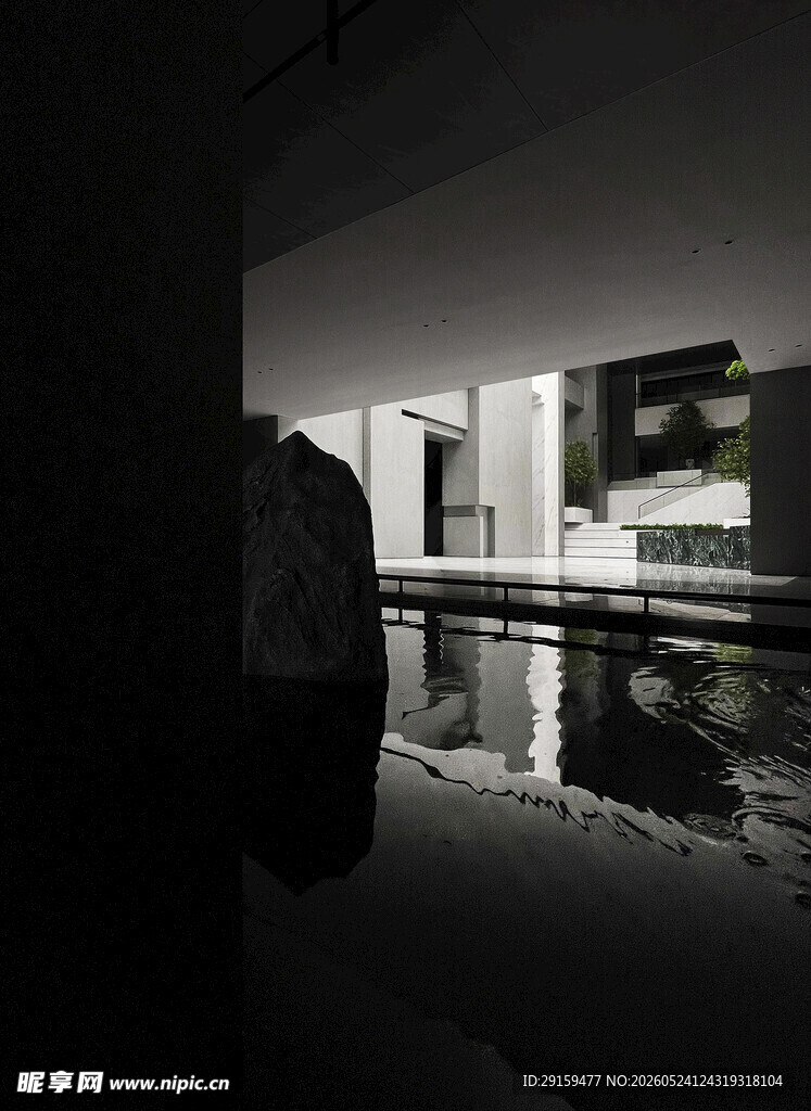 现代建筑夜景下的静谧水池
