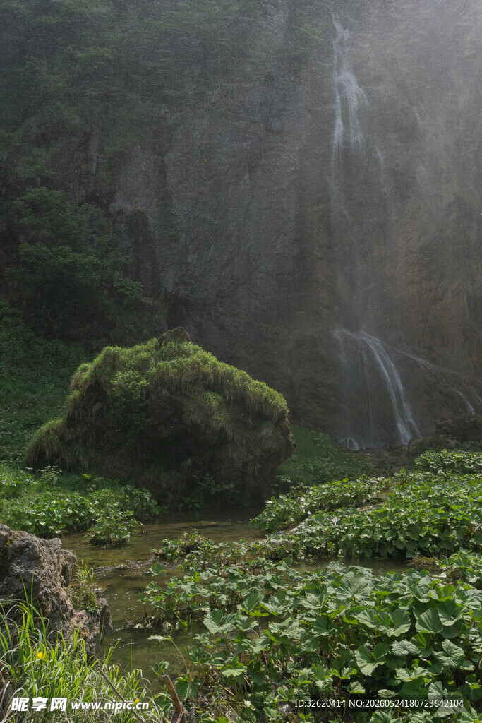 山间瀑布下的绿意景致
