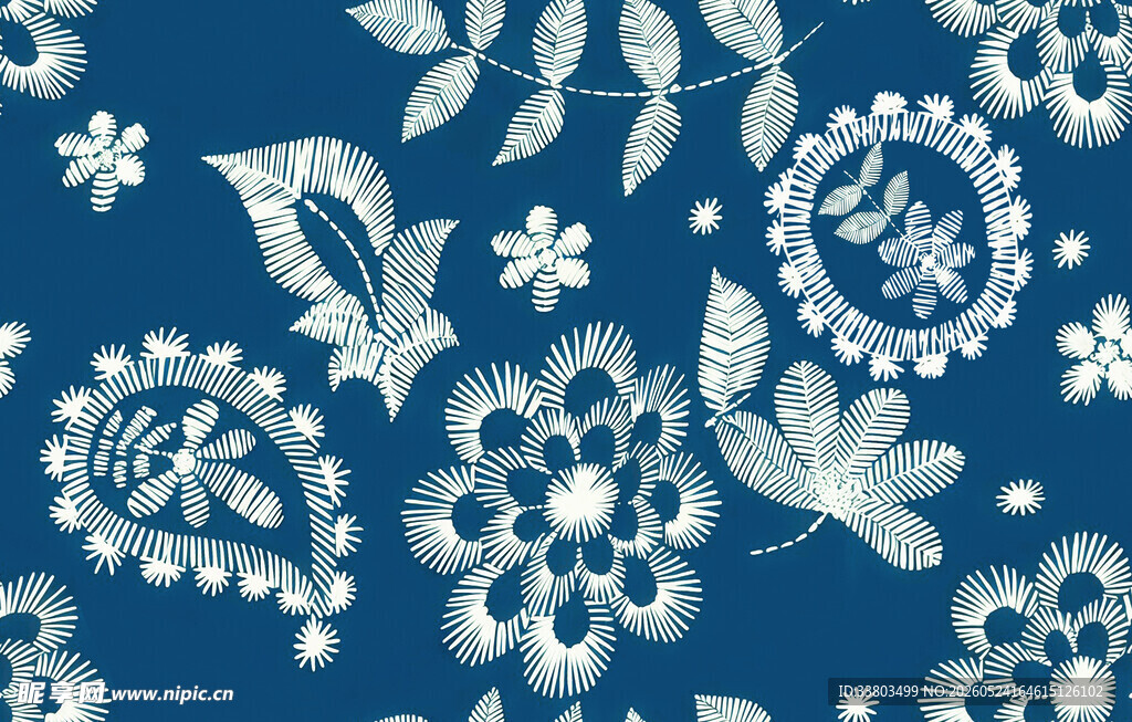 蓝底白花精致花卉图案