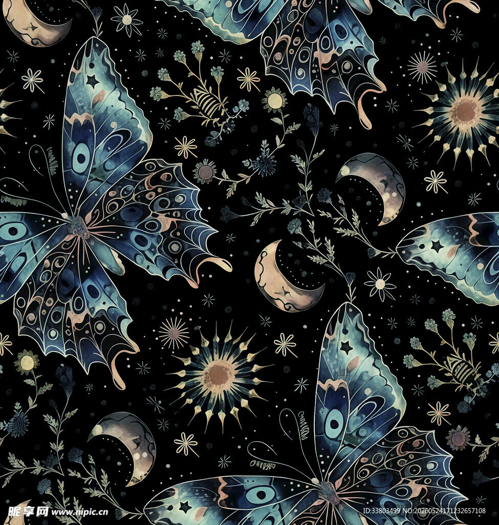 梦幻蓝蝶印花图案背景