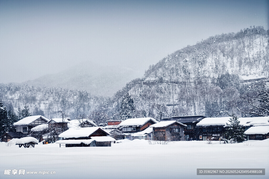 雪覆山村冬日静谧景象