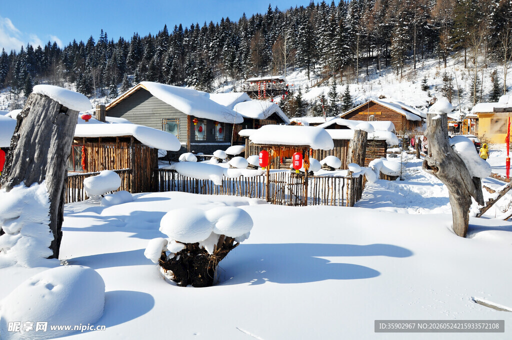 雪覆山村静谧冬日景象